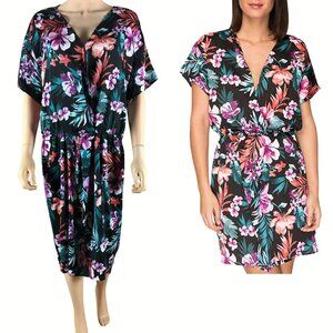 BOBEAU Plus Size Twist Front Black Floral-Print Dress 1X